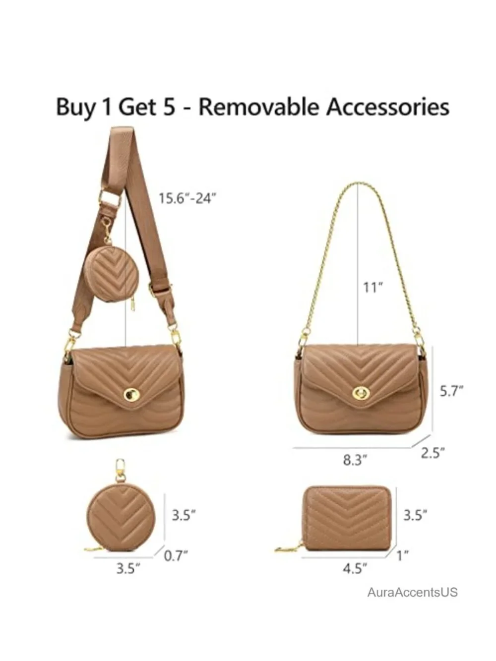 Quilted Faux Leather Crossbody Bag with Chain Strap, 3 Piece Set